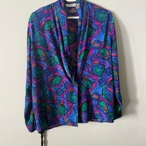 Vintage 80s Martinique Geometric Print Blouse Size 12 Colorful Long Sleeve GVC